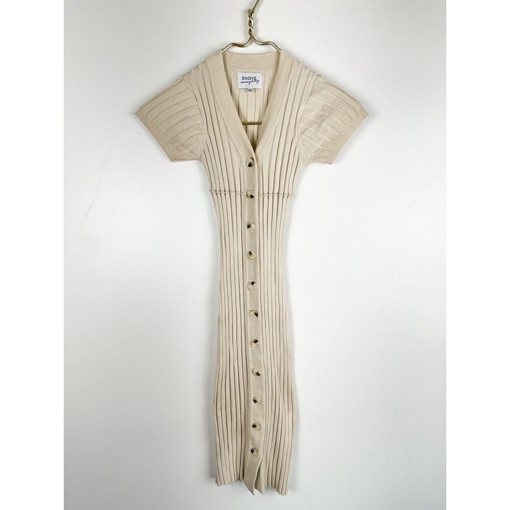 SNDYS NEVADA DRESS Cream Beige Fitted Ribbed Oatmeal Preppy - Picture 2 of 5